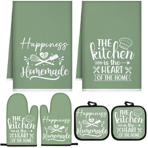 Sratte 6 Pcs Kitchen Decor Accessories Set, Kitchen, Sage Green | Farmhouse Kitchen Towels Pot Holders Oven Mitts Set 2 Dish Towels 2 Potholders 2 Cooking Mittens for Baking Cooking Supply