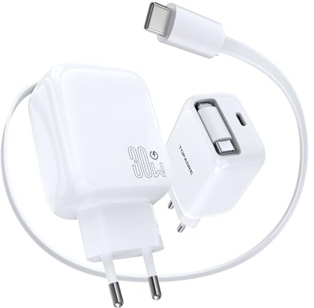 TOPADRE 2-Pack Cargador USB C 30W, Cargador rápidos con Cable retráctil | 2-Port Adaptador Cargador, Cargador USB C retráctil para iPhone 17/16/15 Pro Max, iPad Pro, para Galaxy S25/S24/S23, Blanco