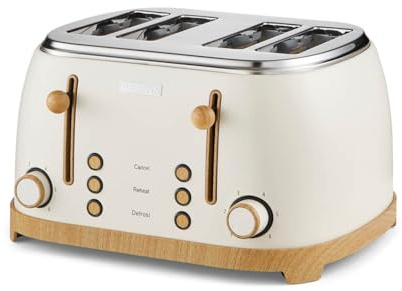 GEEPAS NordiQ 4 Slice Toaster | Matte Finish with Wood Accents | 6 Browning Levels Defrost Reheat & Cancel | Dual Control High Lift Removable Crumb Tray Cord Storage 2 Year Warranty 1500W Cream