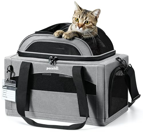 Pecute Transportbox Katze, Katzentransportbox erweiterbar, Hellgrau | Faltbare Katzen Transportboxen & Hundetransportbox, stabile Katzenbox & Katzentransporttasche für Reisen.