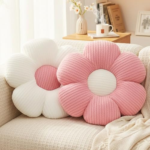 HonorHut 2 Stück Blumenkissen Weiches Bodenkissen Sitzkissen für Sofa Wohnzimmer Schlafzimmer Mädchenzimmer Dekoration, Weiß und Rosa