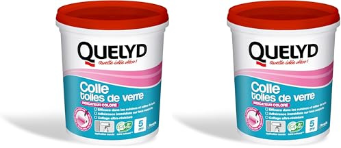 Quelyd Colle Toiles de Verre – Colle Avec Indicateur Coloré – Prête à l'Emploi – Tous Supports Muraux – Toutes Pièces dont Cuisines et Salles de Bain – Sans Solvant – Pot de 1 kg (5 m²) (Lot de 2)
