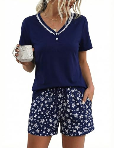 Aseniza Ladies Pyjamas Cotton Short Sleeve Soft Lounge Wear Lace-Navy B, L