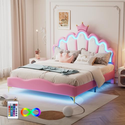 Ravas Kinderbett 140x200 cm für Mädchen, Polsterbett mit LED-Beleuchtung, Jugendbett aus PU-Leder, Bettgestell mit höhenverstellbares kopfteil in Kronenform, Rosa, ohne Matratze