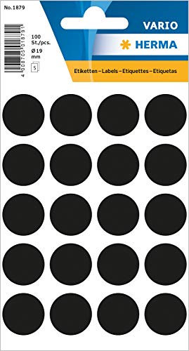 HERMA 1879 Punktaufkleber Klebepunkte schwarz, 100 Stück, Ø 19 mm, 20 pro Bogen, selbstklebend, Markierungspunkte für Kalender Planer Basteln, matt, blanko Papier Farbpunkte Etiketten Aufkleber
