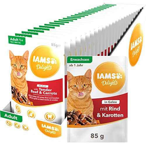 Iams Delights Katzenfutter Nass mit saftigem Rind & Karotten in Gelee - vollwertiges Nassfutter für Erwachsene Katzen, 24 x 85g Beutel