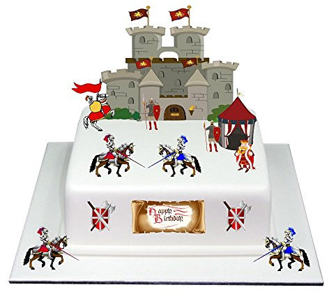 Mittelalterschloss mit Rittern aus essbarem Oblatenpapier, Kuchenaufsatz für Geburtstag, für Jungen und Mädchen