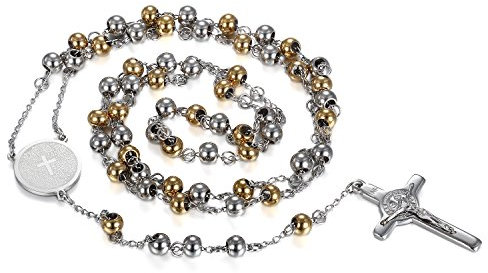 JewelryWe Schmuck Herren Damen Halskette, Klassische Vintage Bibel Jesus Kreuz Anhänger mit 75cm Kette, Edelstahl, Gold