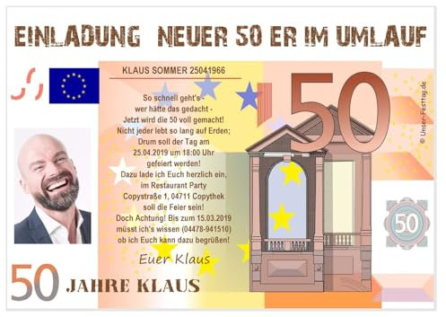 Einladungskarten für Erwachsene, für 50 Jahre möglich, mit FOTO, lustig und originell - runder Geburtstag, 60 Stück, Größe DIN A6