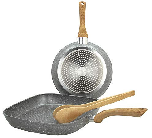 Tognana Porcellane Set Padella 24 cm con Grill 28 x 28 cm e Pinza Chef Bamboo Stone e Wood