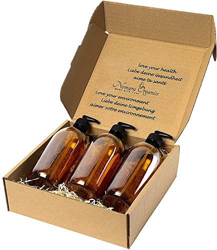 Nomara Organics Amber Soap Dispenser Bottles with Lockable Pumps, 3 Pack of 300mL, BPA Free Glass, Reusable, Refillable for Handwash, Facial Soap, Shampoo, Oil, Lotion or Gift.