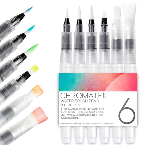 Wasserpinselstifte von Chromatek. 6 Aqua Pen Malpinsel. Einschließlich Online-Video-Tutorials und Bildvorlagen. Ideal für alle wasserlöslichen Pigment- und Aquarellmedien