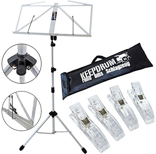 keepdrum MUS3 SV Notenständer Notenpult Silver Silber-farben mit Tasche + Clip Notenklammer 4 Stück
