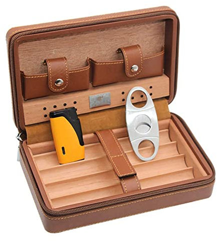AKT Zigarren Humidor Fall mit Feuerzeug & Zigarrenschneider Tragbare Zigarrenholz Leder Reise Zigarre Luftbefeuchter Set Box,Brown