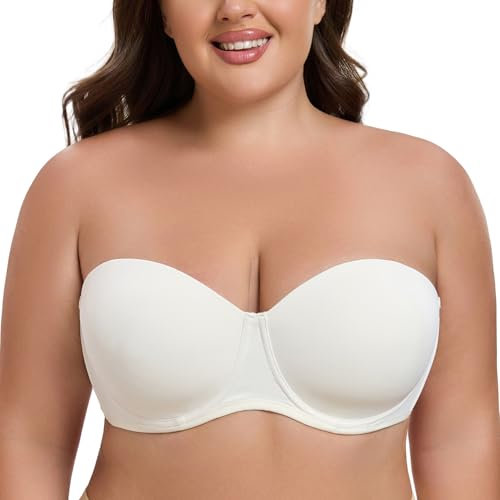 MELENECA Women's Underwire Strapless Bras for Bigger Bust Back Smoothing Plus Size Off White 40B