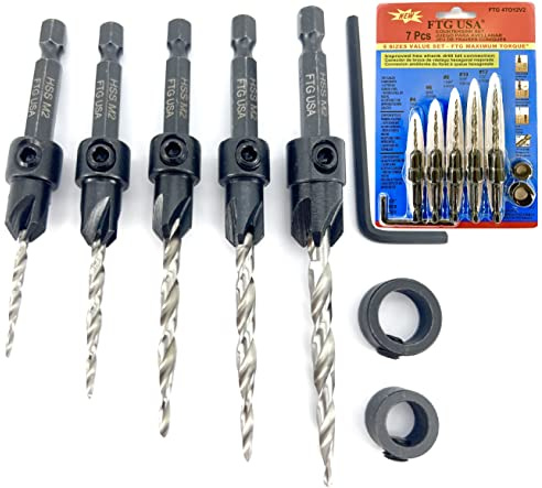 FTG USA 5 Pc #4#6#8#10#12 Countersink Drill Bit Set, Tapered Bits | Includes 2 adjustable depth stop collars (3/8 & 1/2), 1 Allen key, counter sink drill bit for wood with quick-change shank