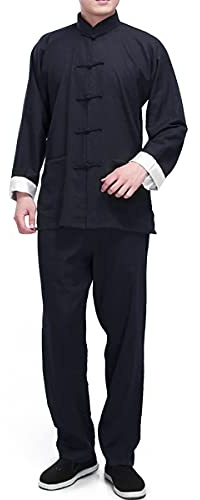 Men's Linen Kung Fu Suit Traditional Chinese Martial Art Uniform Long Sleeve Mandarin Jacket Pants Tai Chi Set (124# Black, XXL)