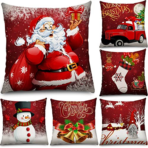 Tatuo 6 Stück Weihnachten Kissenbezüge Dekoration Weihnachten Zierkissenbezüge Feiertag Dekokissen Kissenhülle für Sofa Couch Weihnachten Büro Schlafzimmer Deko (Lustiger Stil, 18 x 18 Zoll)