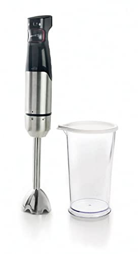 Lacor - 61678 - Batidora Premium PressSystem 1000W regulador de velocidad mediante presión con Cierre Bayoneta, Indicador LED, Incluye Vaso 800ml, Medidas 5,5x6,5x41 cm, Gris y Negro Brillante