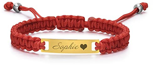 Personalised Baby Name Bracelet - Customised Handmade Braided ID Bracelet for Children Toddler, Stainless Steel Nameplates Adjustable Jewellery Gift for Son Daughter Kids,Sisters,Girls,BFF,red