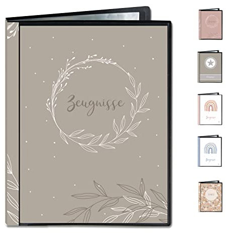 Minilino Zeugnismappe 20 Premium Klarsichthüllen A4 [SCHUTZ UND AUFBEWAHRUNG VON ZEUGNISSEN] Dokumentenmappe für Unterlagen in der Grundschule | Ordner für Zeugnisse (Kranz grau)