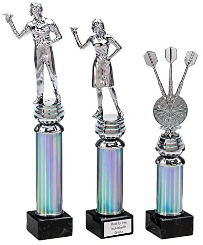 eberin – Dart Pokal mit Gravur | Trophäe | Award – 3 Figuren: Mann, Frau, Dartscheibe/Dartpfeile auf Silbersäule/Marmor schwarz – Perfekt für Dartclubs und Events