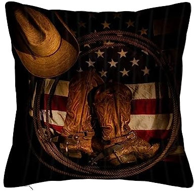Überwurf Kissen Fall Quadratisch Kissenbezug,Western-Cowboystiefel auf USA-Flagge,Home Dekorative Sofa Sessel Schlafzimmer Wohnzimmer 45x 45cm