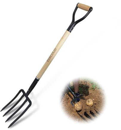 FORCOLID Gartengabel, 4-Zinken-Spatengabel, Pitchgabel, 104 cm, geschmiedeter Stahl, Y-Griff, Holzgriff