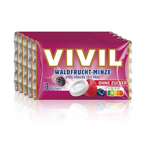 VIVIL Rollen Waldfrucht-Minze, 5 x 3er Pack, fruchtige Pastillen mit Waldfruchtgeschmack, zuckerfrei & vegan, 15 x 28g