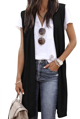 ZXZY Women's Cardigans Sleeveless Cozy Trendy Open Front Sweater Duster Long Vest, Black, L