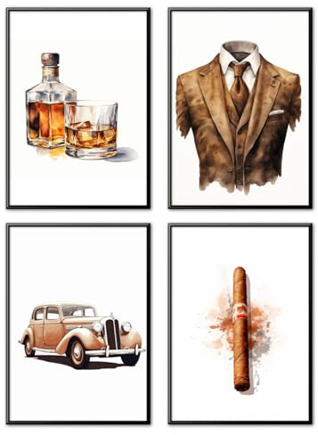 MJ-Graphics - Posterset Old Money Gentleman - Wiskey, Anzug, Whisky, Zigarre, Oldtimer Bilder | Wandbild Din A4 in Galerie Qualität dickes Posterpapier - FineArt Kunstdruck ohne Bilderrahmen