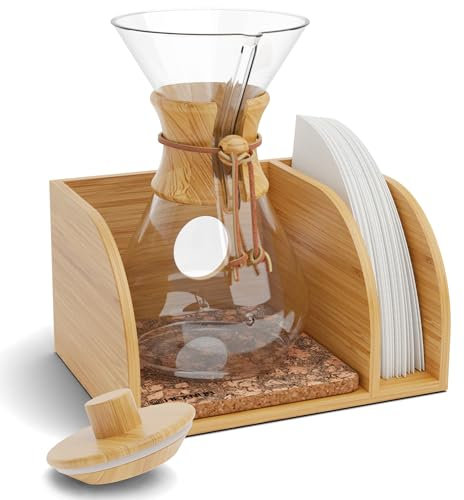 HEXNUB – Caddy and Lid for Chemex and Pour Over Coffee Maker, Bamboo Stand with Filter Holder, Fits Chemex Coffee Maker, Bodum, Cosori, Includes Heatproof Mat - Cork