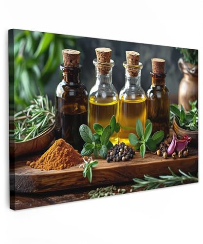 MuchoWow© Leinwand Bilder Groß 120x80 cm XXL Wanddeko Wohnzimmer Aesthetic Room Decor Deko Zimmer Wandbilder Modern Fotogeschenke Olivenöl - Küche - Kräuter - Regal