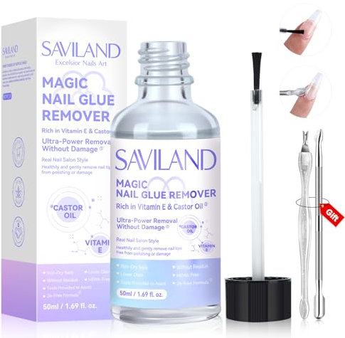 Saviland 50ml Rimuovi Colla per Unghie Finte: Capacità Elevata di Rimozione Felle Unghie False per Le punte Delle Unghie Finte di Ricino Vitamina E Colla per Unghie con Forcella Spingitrice Cuticola