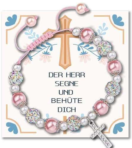 ENSTAB Kommunion Geschenke für Mädchen Armband mit Kreuz Kommunionkarten Geschenk Kommunion Mädchen (Rosa)