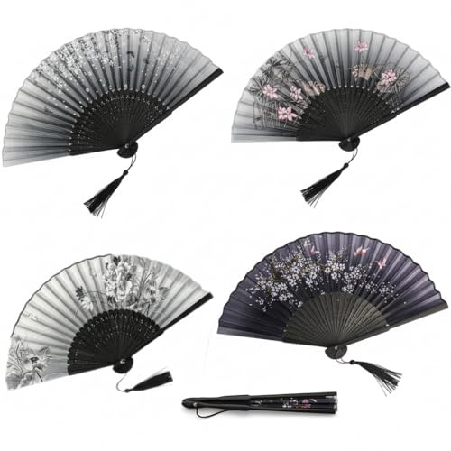 Rowbaty 4 Pieces Folding Fans Hand Held Fans Silk Bamboo Fans with Tassel Women Hollowed Hand Foldable Fan for Dancing Wedding Decoration Women Gifts