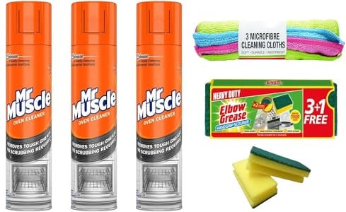 Mr Muscle Oven Cleaner Spray 300ml Each (Pack of 3) - Oven BBQ Cleaner Degreaser - Removes Tough Grease - No Scrubbing Required with 3 pcs Microfibre Cleaning Cloth and Degreaser Sponge 3+1