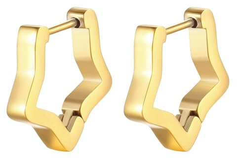 Flongo Stern Creolen Ohrringe Gold: Edelstahl Klobig Klein Pentagramm Huggie Creolen Geometrische Ohrringe Hypoallergen Ohrstecker für Herren Damen