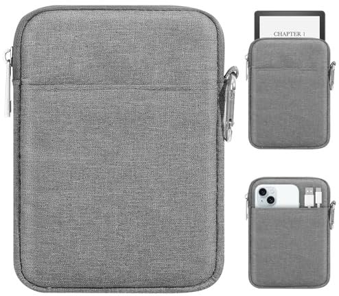 MoKo Padded Ereader Sleeve Case for 6-7 inch Ereader Tablet Bag Protective Cover Pouch with a Carabiner, Compatible with 7 Colorsoft Signature Edition 2024, Light Gray