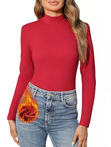 Aottori Thermal Tops Womens Turtle Neck Base Layer Undershirt Ladies Long Sleeve Underwear Shirt Soft Winter Warm Plain Basic Pullover Red L