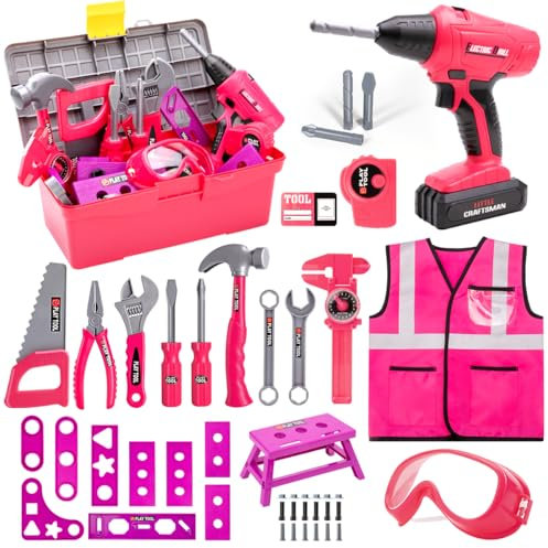 LOYO Kids Tool Set 50 Pcs Construction Toys with Vest, Tool Box with Electric Drill Toy, Pretend Play for Kids Age 3+
