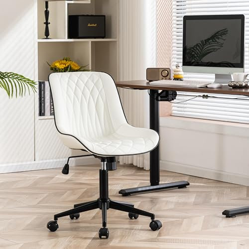 YOUNIKE Chaise de bureau ergonomique en cuir synthétique - Charge maximale : 136 kg - Chaise pivotante réglable en hauteur - Sans accoudoirs - Chaise de bureau avec dossier et roulettes - Blanc