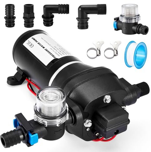 Gedlex Electrique Pompe a Eau 12V Caravane, 20,8 LPM Pompe à Eau Camping Car avec Filtre à Maille, Pression de Travail 40PSI, Maximale 70PSI, 180W, 12A, Pompe Eau pour RV, Bateau, Lavage de Voitures