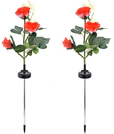 Hyuduo Künstliche Blumen-Solarleuchte, 2 Stück, LED-Solarblumen-Lichter, Wasserdichte Künstliche Rosen-Gartenlampe für Außenlandschaft, LED-Gartenlichter-Werkzeug (Rot)