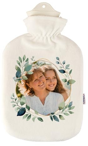 Herz & Heim® personalisierte Wärmflasche mit waschbaren Bezug - verschiedene Designs - perfekte Geschenkidee (Foto Blätterkranz)