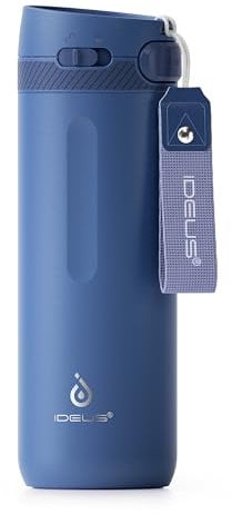 IDEUS Insulated Stainless Steel Water Bottle 17 oz Push Button Lid & Leakproof Travel Mug for Hot Cold Beverages Fits Most Cup Holder, Grey Blue