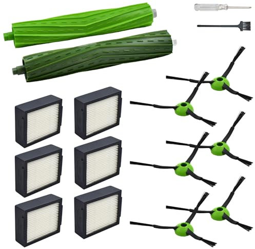 Pièces de Rechange Compatibles avec i-Robot Roomba J7 J7+ J5 J5+ J6 J6+ J8 J8+ J9 J9+ Série i e j – Kit Accessoires avec 1 Brosses en Caoutchouc, 6 Filtres HEPA, 6 Brosses Latérales