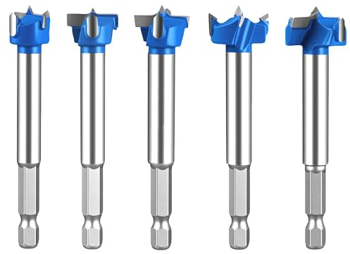 XIANFENGHU Forstner Drill Bits for Precise Woodworking 5PCS Tungsten Carbide Wood Hole Saw Auger Opener with Hex Shank (19/32-25/32)