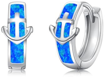 Opal Anker Ohrringe Damen 925 Sterling Silber Creolen Opal Anker Kleine Huggie Creolen Ohrringe Anker Schmuck Geschenke für Damen Frauen Mädchen (Silber+Blauer Opal)