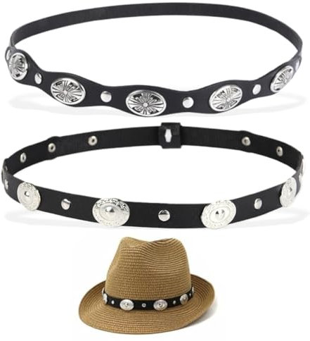UEIOAVL Chapeaux western homme, Lot de 2 sangles de chapeau en cuir de 2 styles sangles de rechange pour chapeau de cowboy réglables avec boucle en paille unisexe (noir)